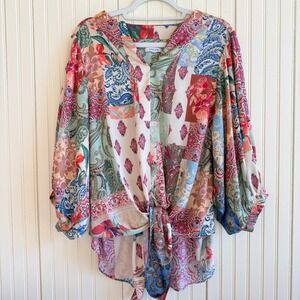 Chicos Patchwork Paisley Front Chic Tie Balloon Sleeve Casual Multi Color Blouse
